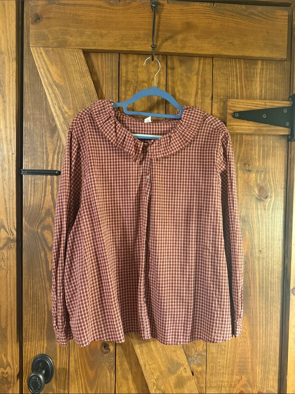 Old Navy Rust & Cream Checked Ruffle-Collar Long Sleeve Top